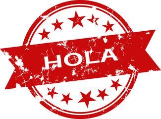 Vintage style red rubber stamp with the spanish word hola and surrounding starbursts on a white background © fatimatz