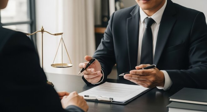 Professional corporate lawyer discussing legal agreement with client, holding pens near scales of justice
