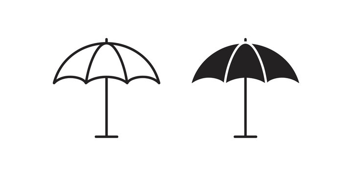 Beach umbrella line and solid flat vector icon set for travel design.