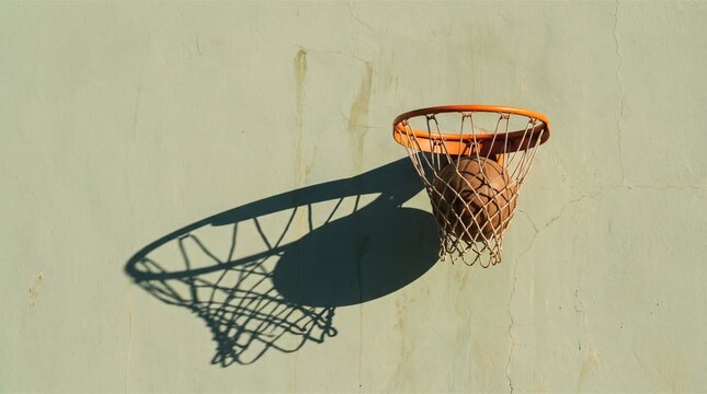 Basketball ball falling through a hoop on an outdoor court with high contrast shadows.