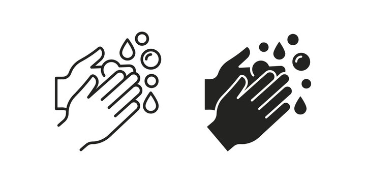 Hand washing with soap bubbles icons for hygiene and virus prevention.
