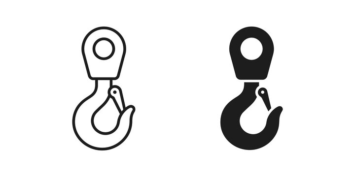 Heavy lifting crane hook icon black outline and solid silhouette graphic.