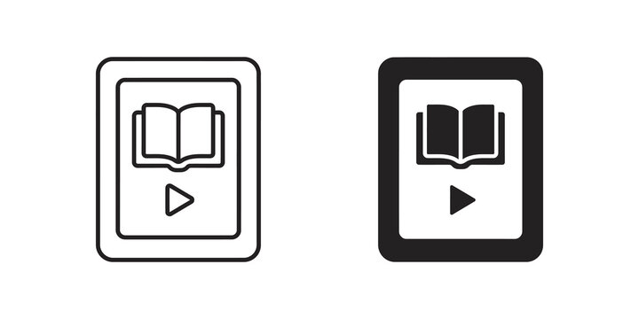 Ebook reader tablet screen line and solid icons on transparent grid.