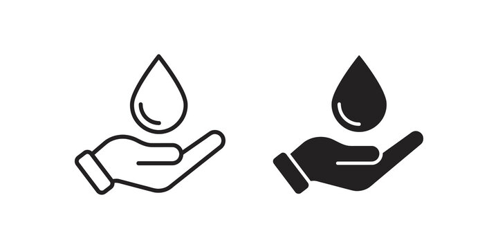 Water drop on hand icon line and filled versions for hygiene awareness.