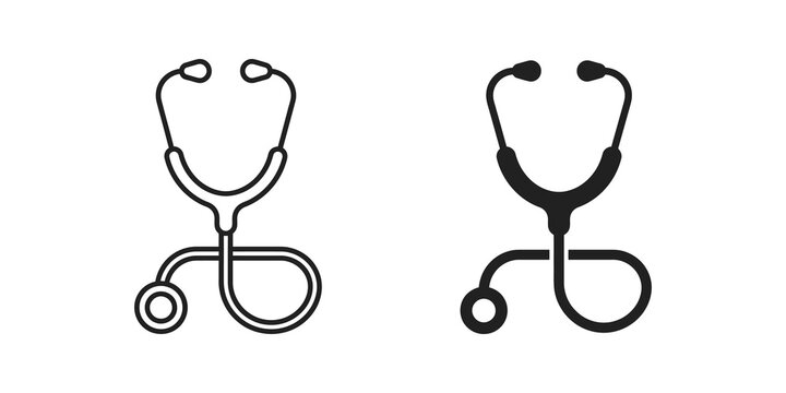 Medical stethoscope stroke and solid vector icons for healthcare apps.