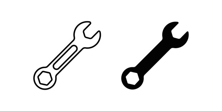 Wrench repair tool icon set featuring black linear and solid vector art.