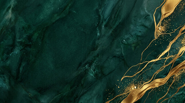 Emerald green marble texture with gold veins. Luxury malachite stone background. Elegant dark green abstract liquid art for interior design.