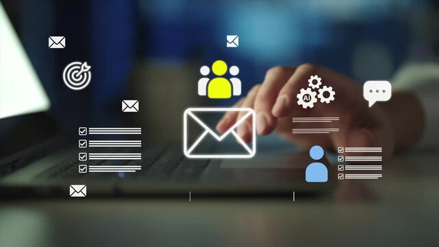 Digital marketing and social media automation with AI showing email campaign, user targeting, and mobile interaction. Perfect for Martech, CRM platforms