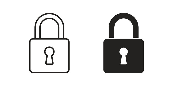 Security padlock vector icon set in outline and solid black style.