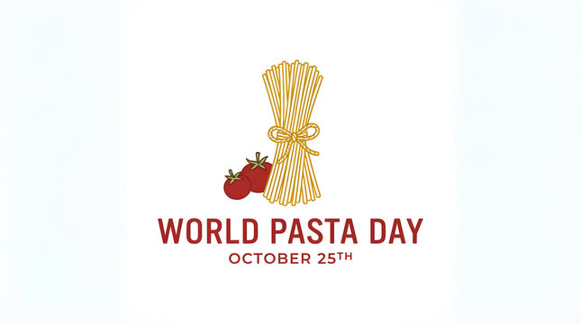 World pasta day greeting with spaghetti and tomatoes for October 25th celebration.