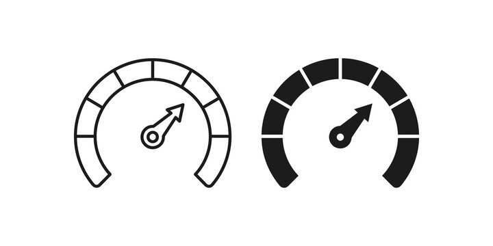 Speedometer gauge dashboard meter black outline and solid style icon set.