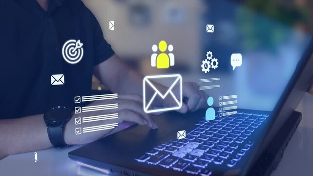 Digital marketing and social media automation with AI showing email campaign, user targeting, and mobile interaction. Perfect for Martech, CRM platforms
