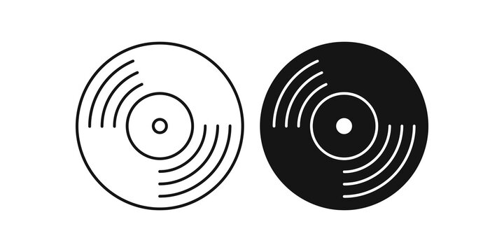Vinyl record outline and solid black icon pair for retro music media.