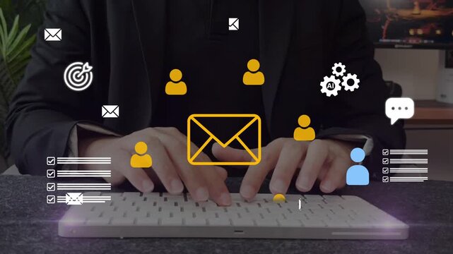 Digital marketing and social media automation with AI showing email campaign, user targeting, and mobile interaction. Perfect for Martech, CRM platforms