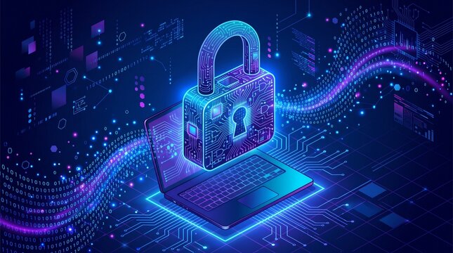Futuristic illustration of a glowing digital padlock connected to a stream of binary code, symbolizing cybersecurity and data protection.