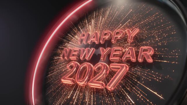 Luminous new year 2027 emerges cyber portal explosive radial beams shimmering particles. innovative New Year reveals, launches, gala displays, immersive event dramatic transitions, premium promotions.