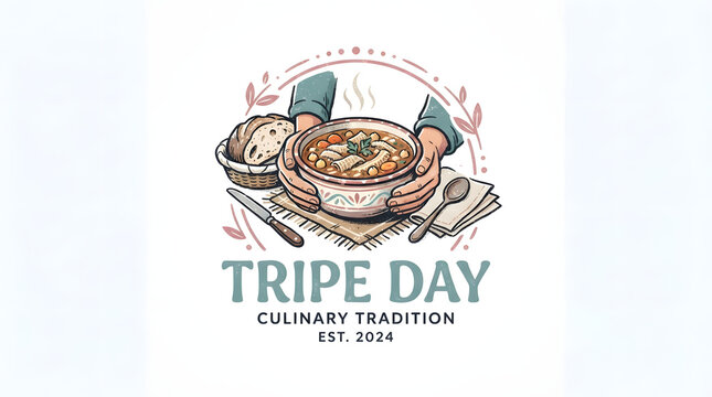 Tripe Day culinary tradition bowl of stew with bread and spoon.