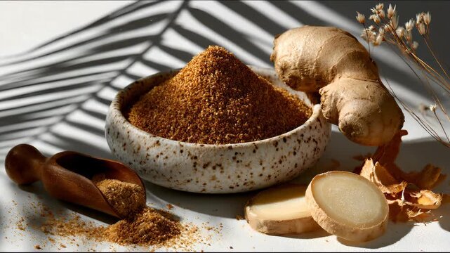 Fresh ginger root slices and fine ginger powder in white bowl with wooden spoon on kitchen table