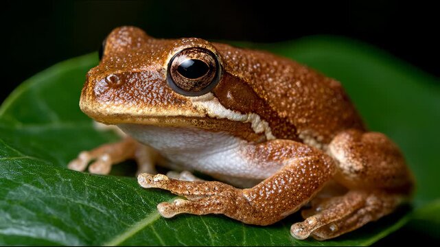 Macro close up portrait of brown tree frog sitting on green leaf in rainforest