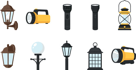 Outdoor Light Fixture Collection with Flashlight Lantern and Street Lamp, Home Lighting Equipment Vector Illustration Icon Set © MdJamanur