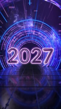 Glossy 2027 numerals stand neon tunnel previous years concentric light rings. future forecasts, 19 launches, timeline transitions, countdown openers, innovation themes, digital presentations.