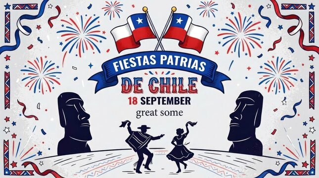 Fiestas patrias chile celebration with moai statues and traditional cueca dancers