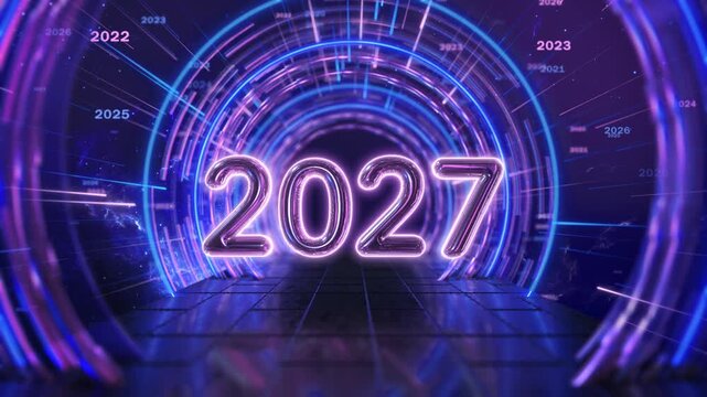 luminous violet gateway frames 2027 new years futuristic corridor. science fiction intros, chronological transitions, technology forecasts, anniversary reveals, virtual events, New Year sequences 3D