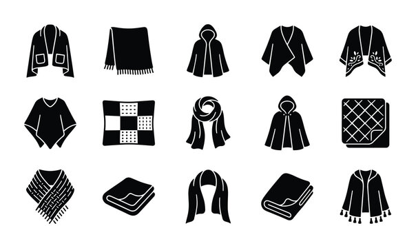 Black Silhouette Apparel Icons: Scarves, Ponchos, Blankets, Shawls, Outerwear Vector Set