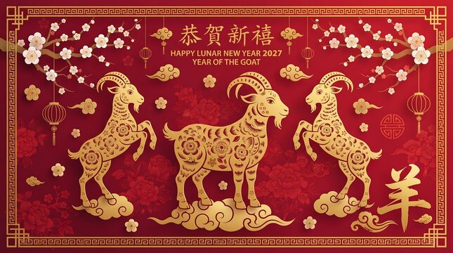 Happy lunar new year 2027 background with three golden paper cut goats, plum blossom branches, and red hanging lanterns