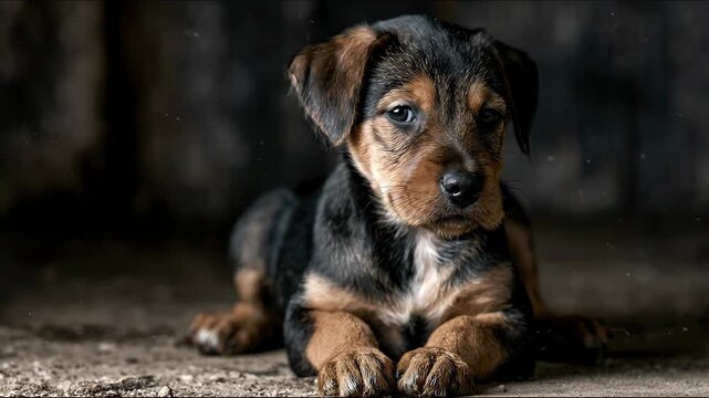 Cute black and tan puppy lying down looking at camera with innocent eyes