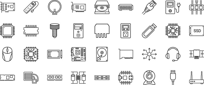 Computer hardware elements line icon set. Vector pictograms of components, cpu, gpu, and card elements, thin linear illustration.