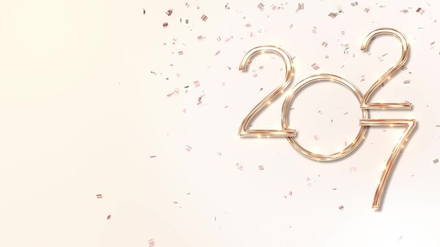 Polished rose gold 2027 cream layout falling confetti blank space on the left. premium invitations, editorial layouts, brand announcements, festive presentations, elegant posters, seasonal campaigns.