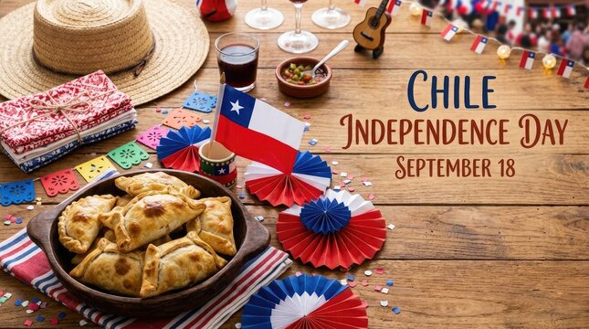 Chile independence day celebration with traditional empanadas, chilean flag, and festive decorations
