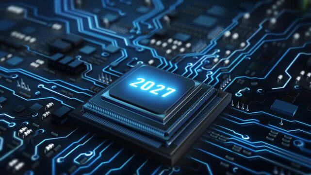 new year 2027 processor electronic board glowing pathways components. artificial intelligence, computing forecasts, semiconductor innovation, automation, software branding, 19 launches, future