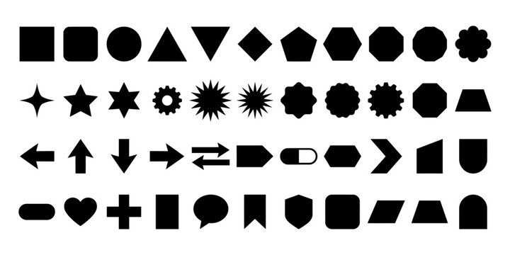 Set of black geometric shapes, basic icons, and design elements
