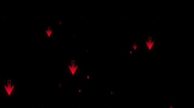 Red glowing neon arrows pointing down. Suitable for financial crisis, negative trends and market crash. Seamless loop isolated transparent background in 4K alpha channel.