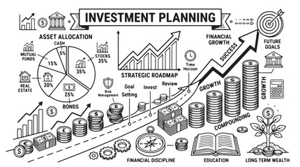 Fototapeta premium Investment planning doodle vector, financial growth strategic roadmap, asset allocation and wealth management infographic isolated on White Background