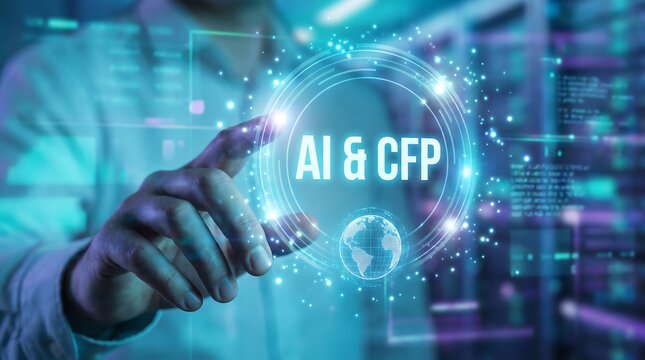 A business professional interacting with a futuristic digital interface showing artificial intelligence and certified financial planner concepts in a modern office