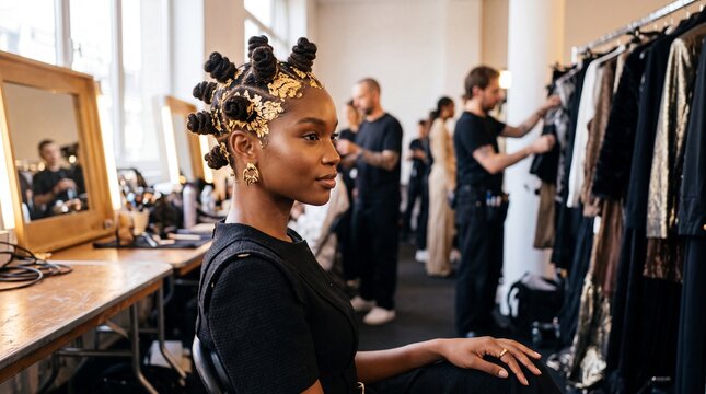 Avant-garde Model with Gold Leaf Bantu Knots in Fashion Studio.