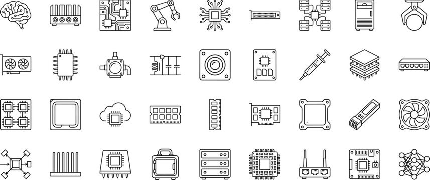 Artificial Intelligence Hardware line icon set. Vector pictograms of microchip, processor, semiconductor, and motherboard elements, thin linear illustration.