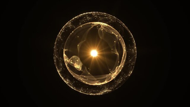Elegant golden orb formed digital waves particles radiant center. artificial intelligence, machine learning, data analysis systems, financial 19, automation, research, premium presentations.
