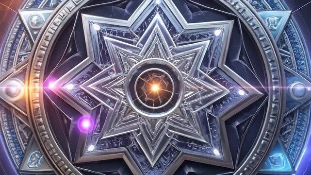 Glowing cosmic mandala star in mechanical celestial space