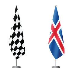Obraz premium Checkered and Iceland flags on flagpoles for official ceremonies and meetings, transparent background vector