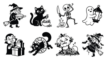 Obraz premium Halloween icons set with witch skeleton ghost vampire cat pumpkin and more