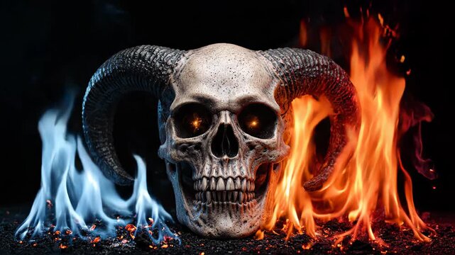 Horned demon skull with glowing eyes between blue and orange fire