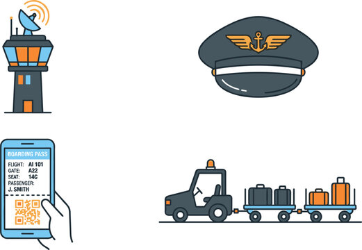  Airport operations and aviation service vector icon set featuring a control tower pilot hat digital mobile boarding pass and baggage tug tractor vehicle