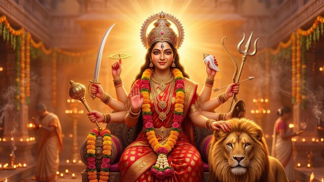 Durga Goddess during Navratri &ndash; Warm Devotional Portrait with Lion.

