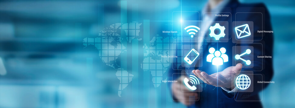 Media strategist holding a community map in hand. Social Network connects global online users and digital communities. Interactive communication platforms share user content.