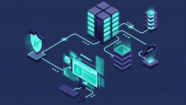 Isometric data center network infrastructure with cloud security and server connectivity.