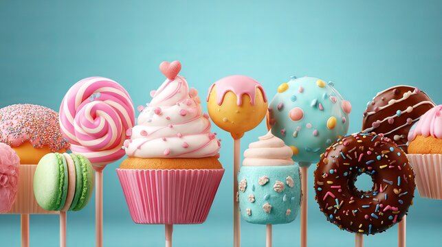 A colorful assortment of sweet treats including cupcakes and donuts on a blue background